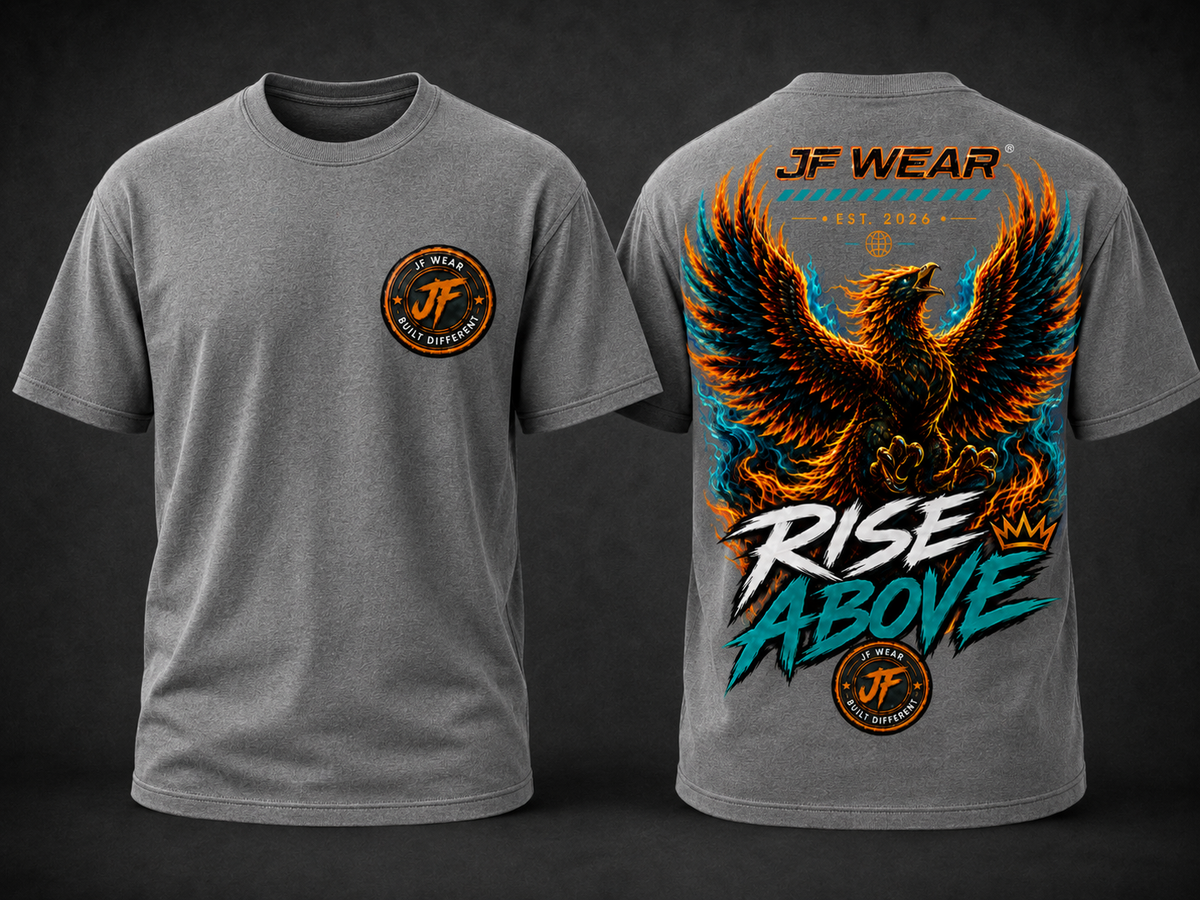 A gray short-sleeve t-shirt shown from both front and back. The front has a small circular orange and black logo on the left chest reading JF WEAR.