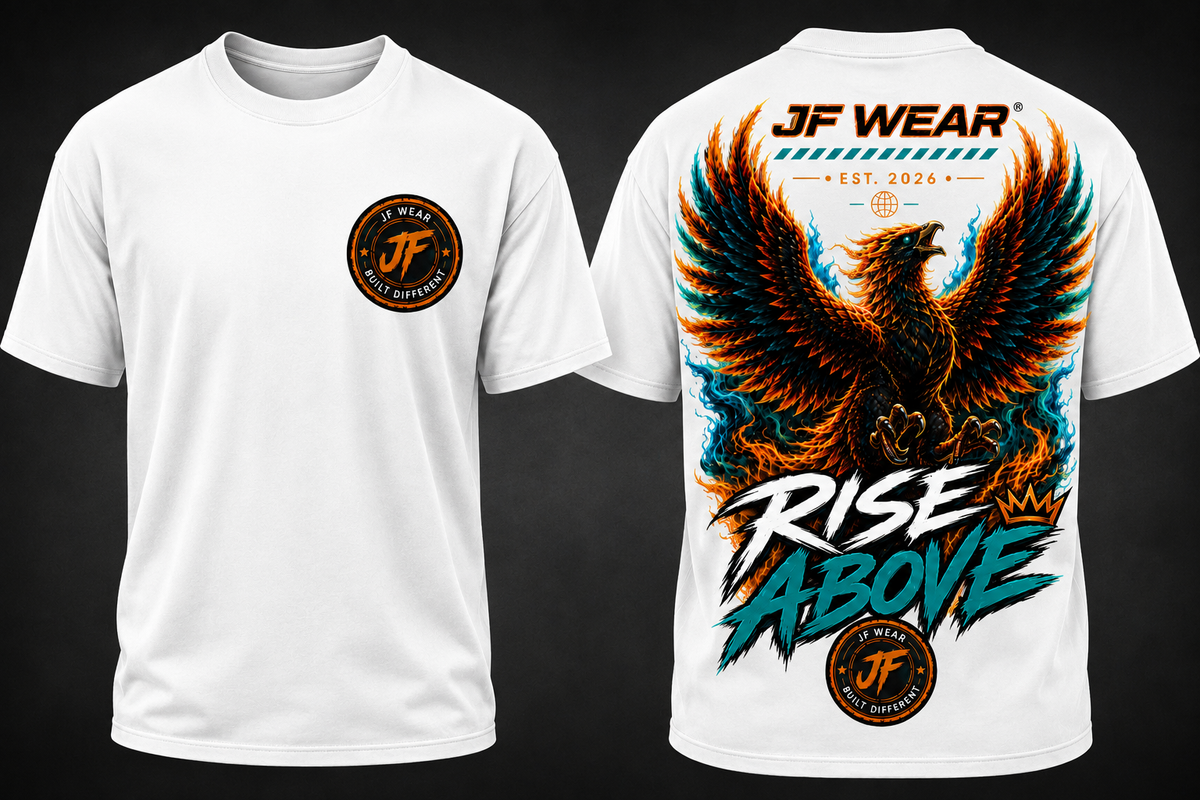 White short-sleeve t-shirt shown from the front and back against a dark background. The front has a small circular orange and black logo on the left chest, and the back features a large graphic of a phoenix with orange and teal wings, stylized text reading 'JF WEAR' and 'RISE ABOVE', plus a matching circular logo near the lower back.