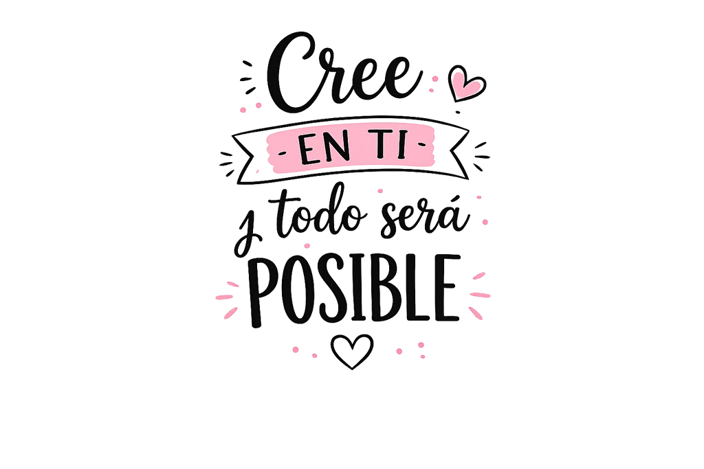 Spanish motivational quote graphic reading 'Cree en ti y todo será posible' in black script and block lettering, with a pink banner, small pink hearts, and pink dotted accents on a transparent  background.