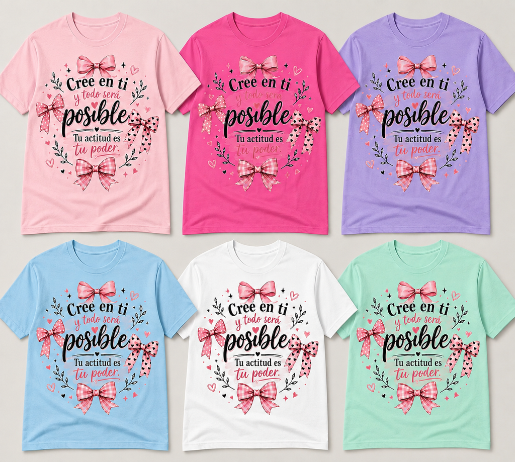 Six short-sleeve graphic T-shirts arranged in a 2x3 grid on a light neutral background. The shirts come in pastel pink, hot pink, lavender purple, light blue, white, and mint green, each featuring a matching graphic design with a pink bow, floral elements, and Spanish text.