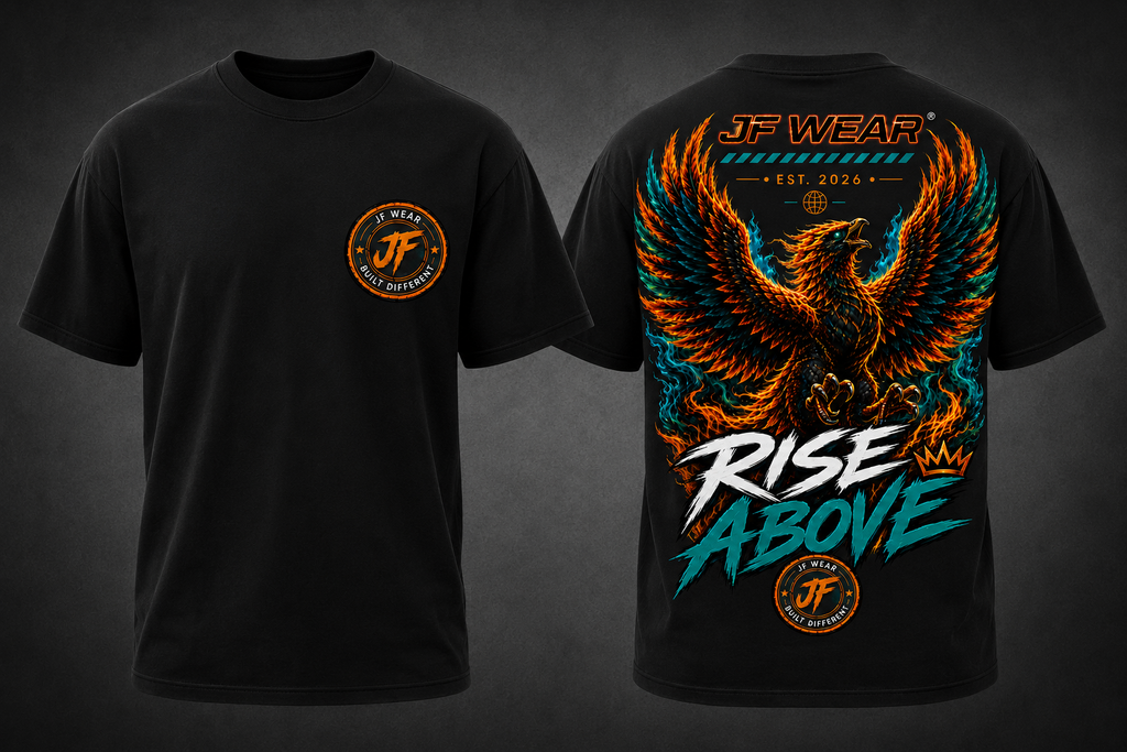 Black short-sleeve t-shirt shown from both front and back. The front has a small circular orange and white logo on the left chest reading JF WEAR.