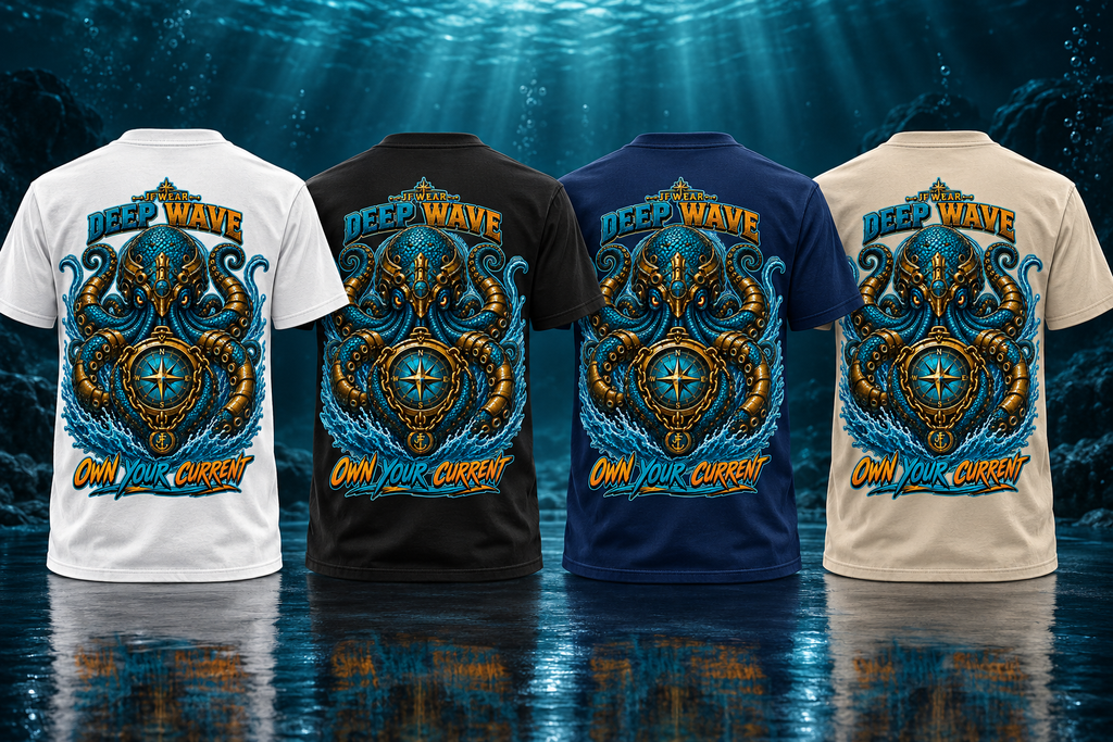 Four short-sleeve graphic T-shirts shown from the back, each with a large ocean-themed print featuring an octopus, water, and the words 'DEEP WAVE' and 'OWN YOUR CURRENT.' The shirts are displayed in white, black, navy blue, and beige, set against a dark underwater scene with light rays and reflections.