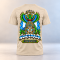 A beige crewneck t-shirt shown from the back, featuring a large, colorful graphic print with a Guatemalan face, an eagle, and the text 'JF Wear' and 'GUATEMALA'.