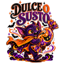 Vibrant Halloween graphic featuring a purple cartoon bat character holding an orange candy corn, with the words “Dulce o Susto” in large stylized lettering above, on a solid black background.