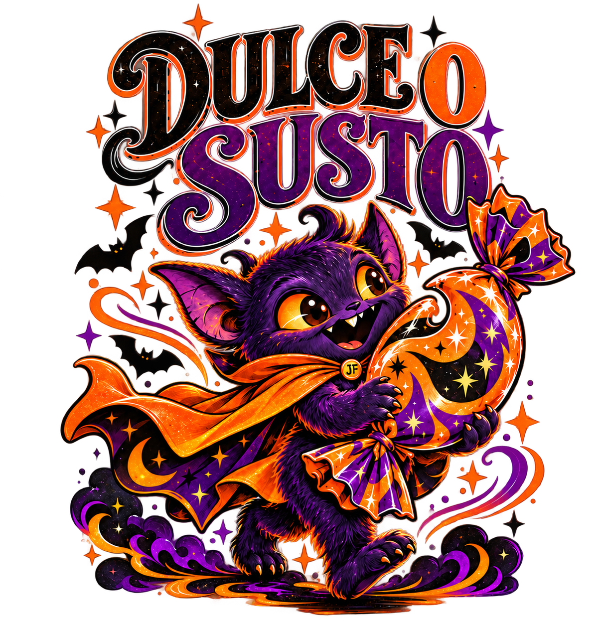 Vibrant Halloween graphic featuring a purple cartoon bat character holding an orange candy corn, with the words “Dulce o Susto” in large stylized lettering above, on a solid black background.