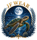 A circular graphic design featuring a sea turtle swimming in a starry night ocean under a full moon, framed by blue laurel leaves and coral, with the text 'JF WEAR' in gold at the top.