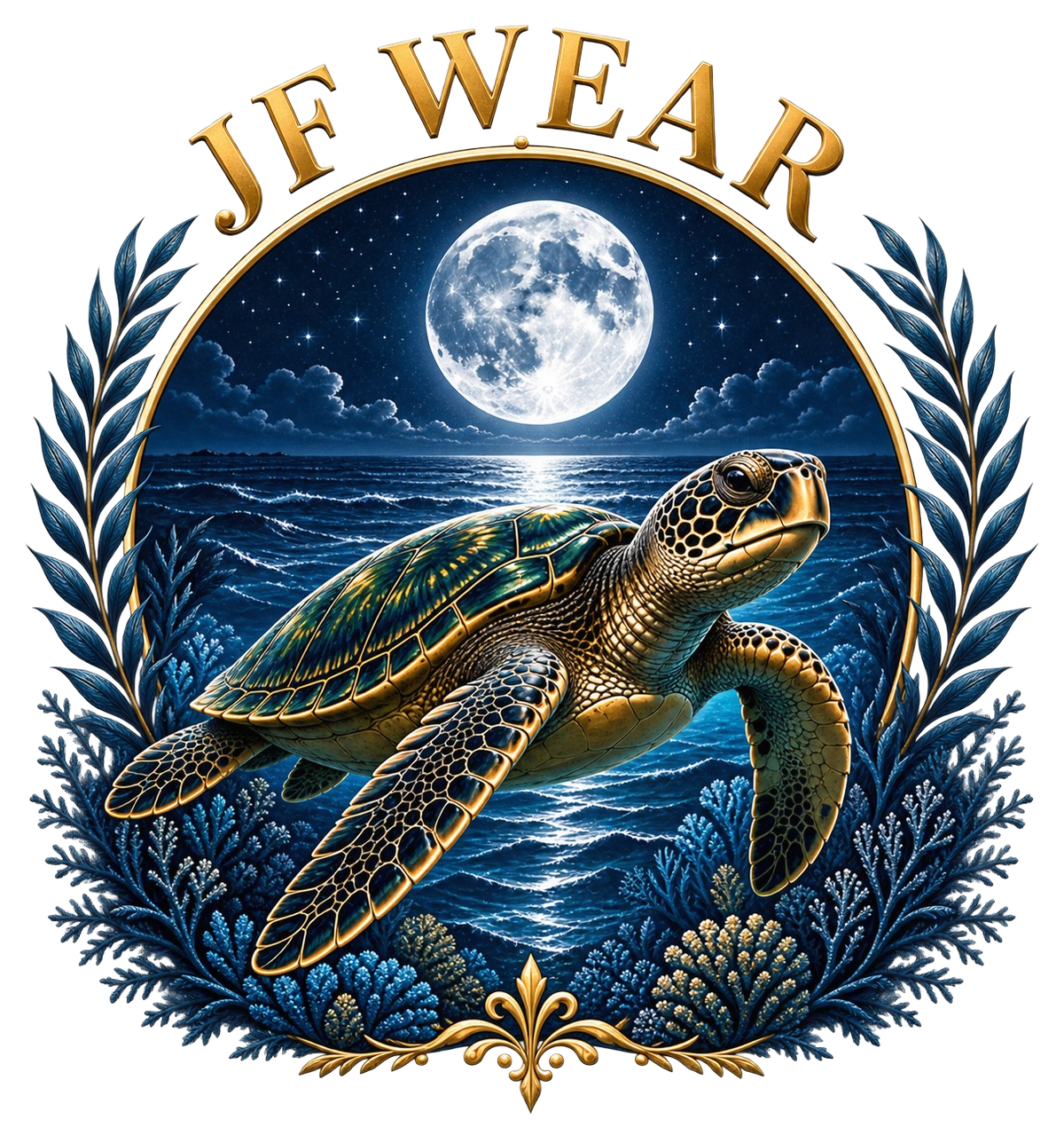 A circular graphic design featuring a sea turtle swimming in a starry night ocean under a full moon, framed by blue laurel leaves and coral, with the text 'JF WEAR' in gold at the top.