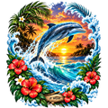 A vibrant tropical graphic design featuring a leaping dolphin in front of a sunset ocean scene, surrounded by palm leaves, red hibiscus flowers, and white sea foam. A small wooden sign at the bottom reads 'JF WEAR'.