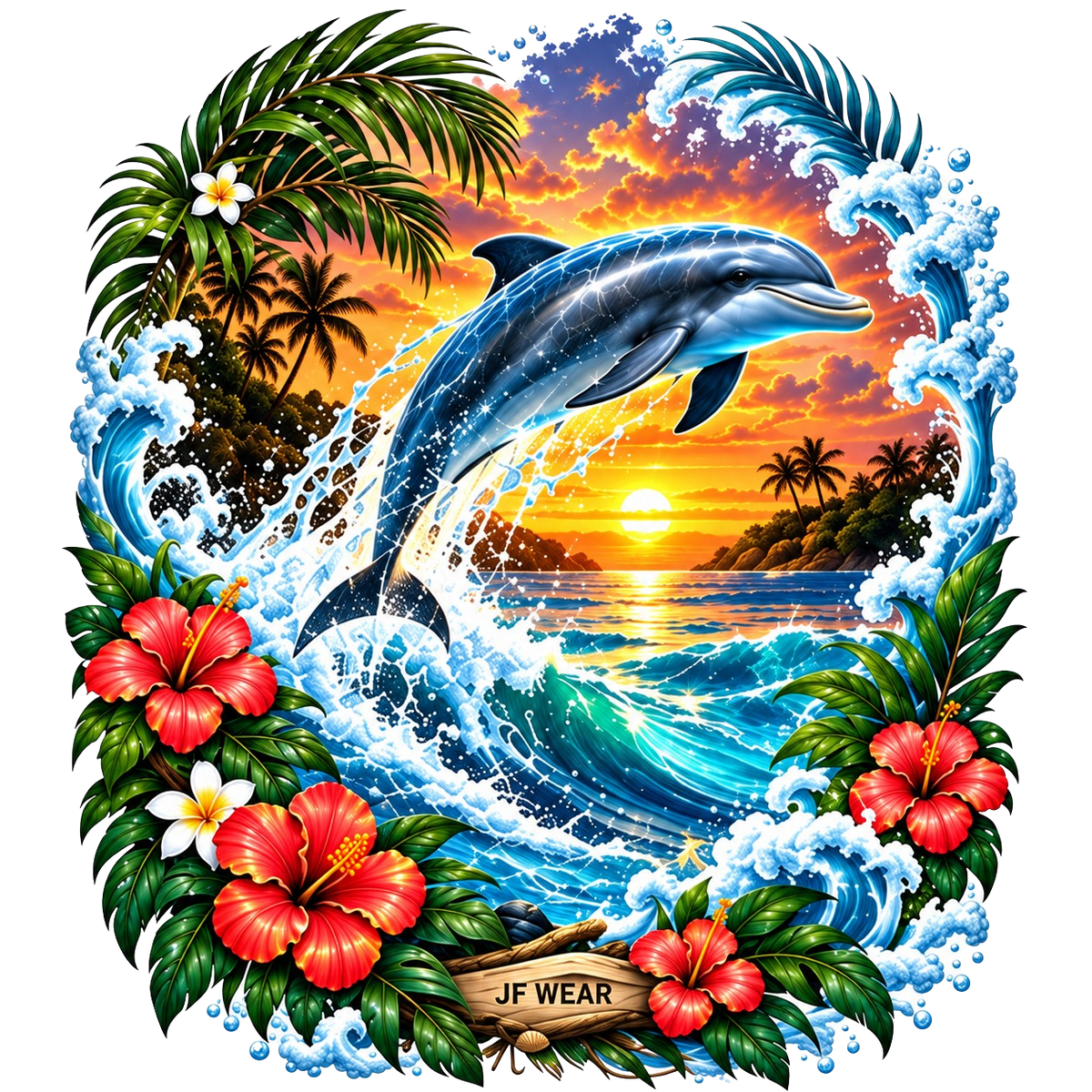 A vibrant tropical graphic design featuring a leaping dolphin in front of a sunset ocean scene, surrounded by palm leaves, red hibiscus flowers, and white sea foam. A small wooden sign at the bottom reads 'JF WEAR'.