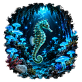 A circular underwater-themed graphic featuring a glowing seahorse in a cave with bioluminescent blue mushrooms, coral, and light rays, with the text 'JF WEAR' on a rock at the bottom left.
