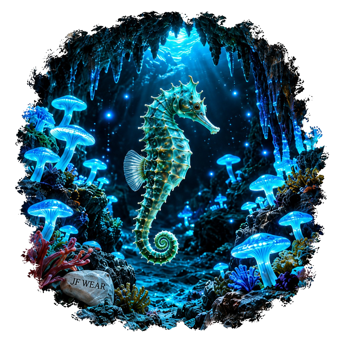 A circular underwater-themed graphic featuring a glowing seahorse in a cave with bioluminescent blue mushrooms, coral, and light rays, with the text 'JF WEAR' on a rock at the bottom left.