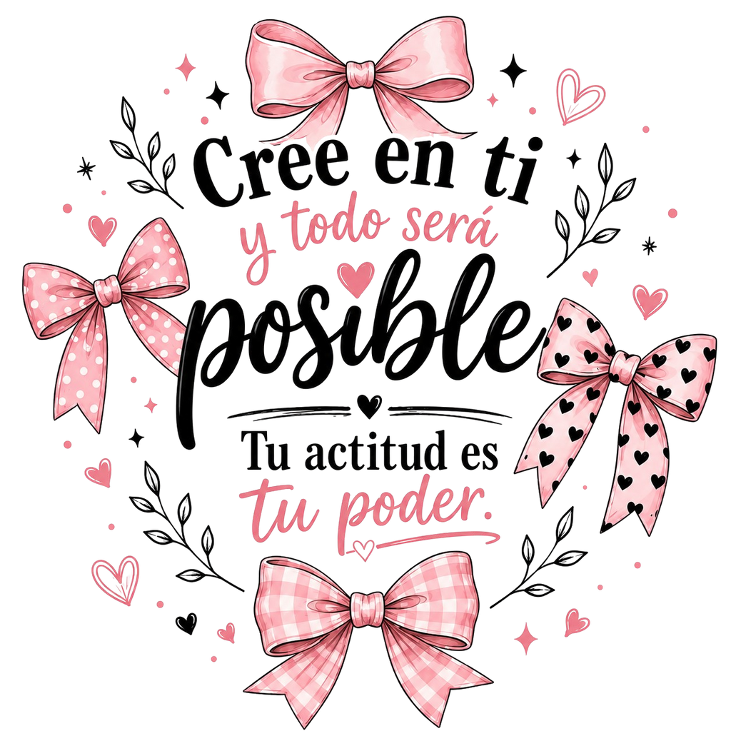 Spanish motivational quote graphic reading 'Cree en ti y todo será posible Tu actitud es tu poder' in black and pink lettering, surrounded by pink bows, hearts, and delicate leaf motifs on a white background.