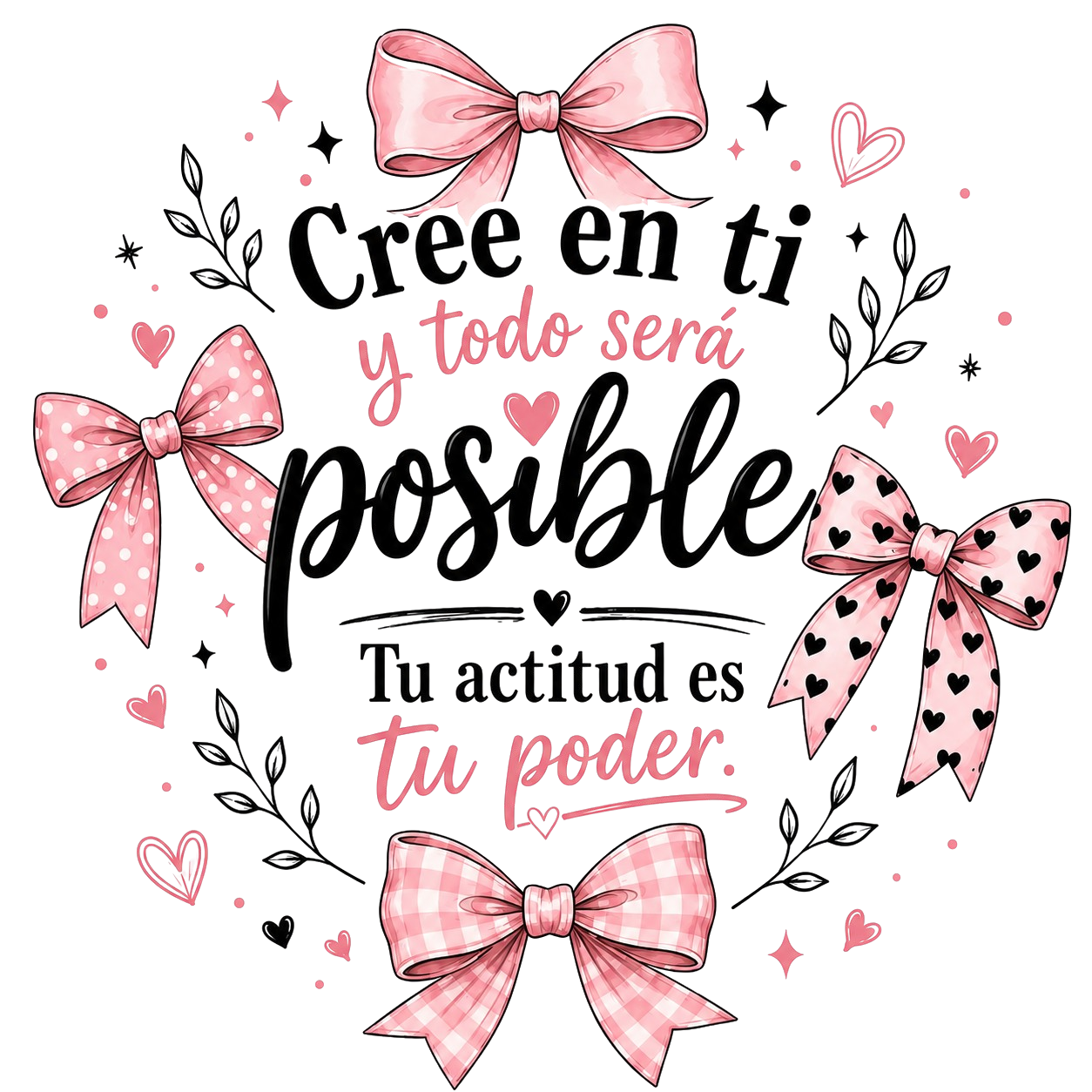 Spanish motivational quote graphic reading 'Cree en ti y todo será posible Tu actitud es tu poder' in black and pink lettering, surrounded by pink bows, hearts, and delicate leaf motifs on a white background.