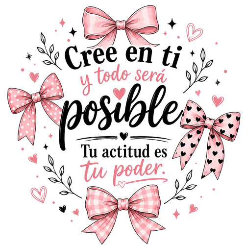 Spanish motivational quote graphic reading 'Cree en ti y todo será posible Tu actitud es tu poder' in black and pink lettering, surrounded by pink bows, hearts, and delicate leaf motifs on a white background.