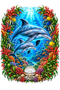 A colorful underwater scene featuring two dolphins swimming among coral reefs, tropical fish, sea plants, and shells, with a banner at the bottom reading 'IF WEAR'.