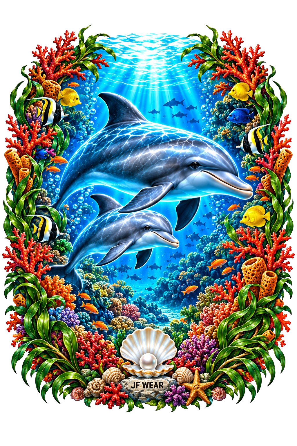A colorful underwater scene featuring two dolphins swimming among coral reefs, tropical fish, sea plants, and shells, with a banner at the bottom reading 'IF WEAR'.