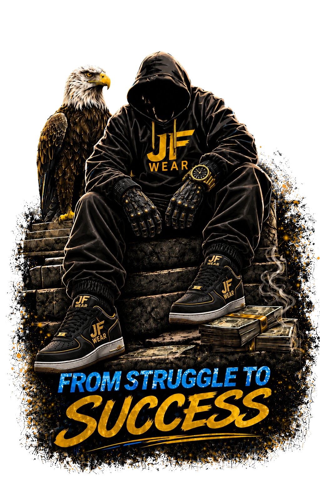 A stylized promotional graphic showing a hooded person sitting on stone steps with an eagle beside them, wearing a black hoodie and pants with yellow 'JF WEAR' branding and matching sneakers. Money is stacked nearby, with the text 'FROM STRUGGLE TO SUCCESS' at the bottom on a black background.