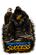 A stylized promotional graphic showing a hooded person sitting on stone steps with an eagle beside them, wearing a black hoodie and pants with yellow 'JF WEAR' branding and matching sneakers. Money is stacked nearby, with the text 'FROM STRUGGLE TO SUCCESS' at the bottom on a black background.