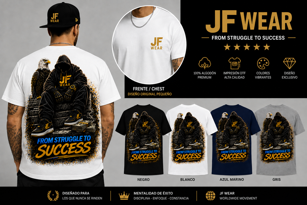 Promotional graphic for a custom printed t-shirt by JF WEAR, showing a male model from the back wearing a white t-shirt with a large graphic print of a person in a hoodie and the text 'FROM STRUGGLE TO SUCCESS'. The graphic also features a circular inset of the front chest print on a white t-shirt, and a horizontal row of color options (black, white, blue, gray) displaying the same print on different shirt colors.