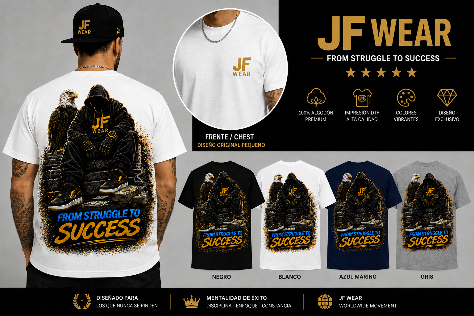 Promotional graphic for a custom printed t-shirt by JF WEAR, showing a male model from the back wearing a white t-shirt with a large graphic print of a person in a hoodie and the text 'FROM STRUGGLE TO SUCCESS'. The graphic also features a circular inset of the front chest print on a white t-shirt, and a horizontal row of color options (black, white, blue, gray) displaying the same print on different shirt colors.
