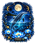 A square graphic design featuring a dolphin leaping from a starry blue ocean under a full moon, framed by blue lotus flowers and crescent moons, with the text 'IF WEAR' at the bottom.