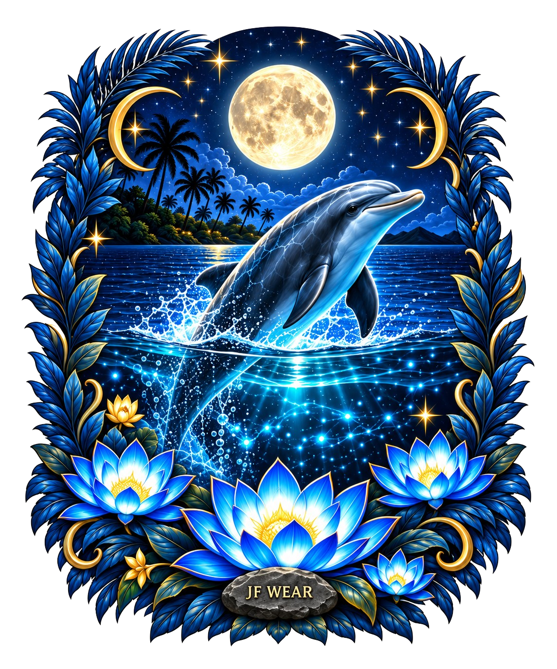 A square graphic design featuring a dolphin leaping from a starry blue ocean under a full moon, framed by blue lotus flowers and crescent moons, with the text 'IF WEAR' at the bottom.