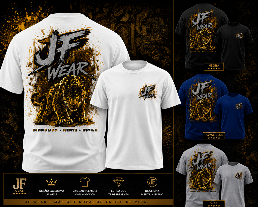 A promotional collage showing multiple views and color options of a branded t-shirt design. The main large shirt on the left is white with a large black and gold jaguar  graphic and 'JF WEAR' text on the back, with smaller front and side views in black, blue, gray, and white arranged on the right.