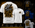 A promotional collage showing multiple views and color options of a branded t-shirt design. The main large shirt on the left is white with a large black and gold jaguar  graphic and 'JF WEAR' text on the back, with smaller front and side views in black, blue, gray, and white arranged on the right.