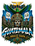 A colorful graphic design featuring a Guatemalan theme with the text 'GUATEMALA ORGULLO CHAPIN', a Guatemalan quetzal and, a central stone face, Guatemalan flags, and the brand name 'JF WEAR' at the top.