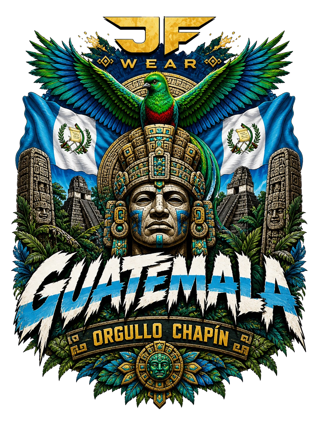 A colorful graphic design featuring a Guatemalan theme with the text 'GUATEMALA ORGULLO CHAPIN', a Guatemalan quetzal and, a central stone face, Guatemalan flags, and the brand name 'JF WEAR' at the top.