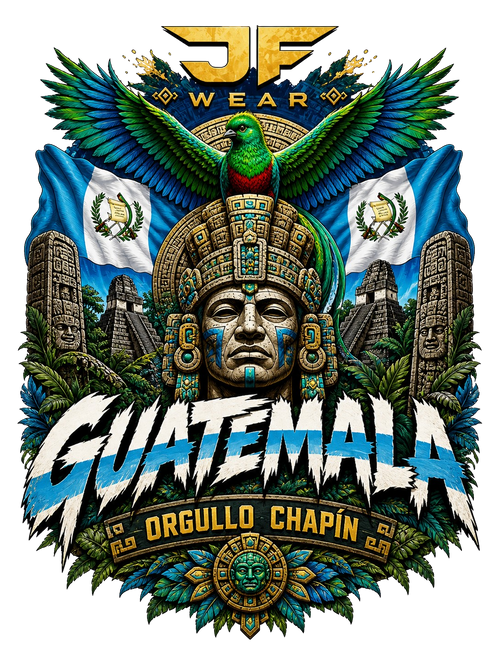 A colorful graphic design featuring a Guatemalan theme with the text 'GUATEMALA ORGULLO CHAPIN', a Guatemalan quetzal and, a central stone face, Guatemalan flags, and the brand name 'JF WEAR' at the top.