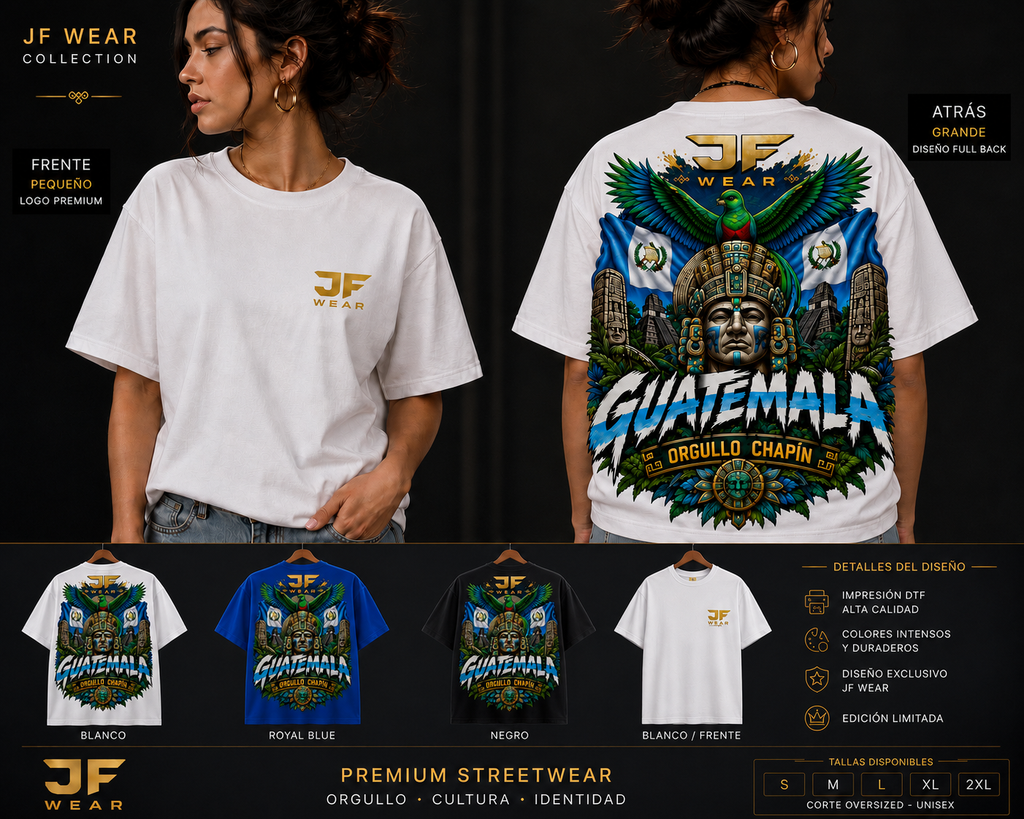 A promotional collage for JF Wear collection showing front and back views of Guatemalan-themed streetwear t-shirts. The main large image shows a model wearing a white t-shirt with a gold JF Wear logo on the front and a large multicolor Guatemala graphic on the back.