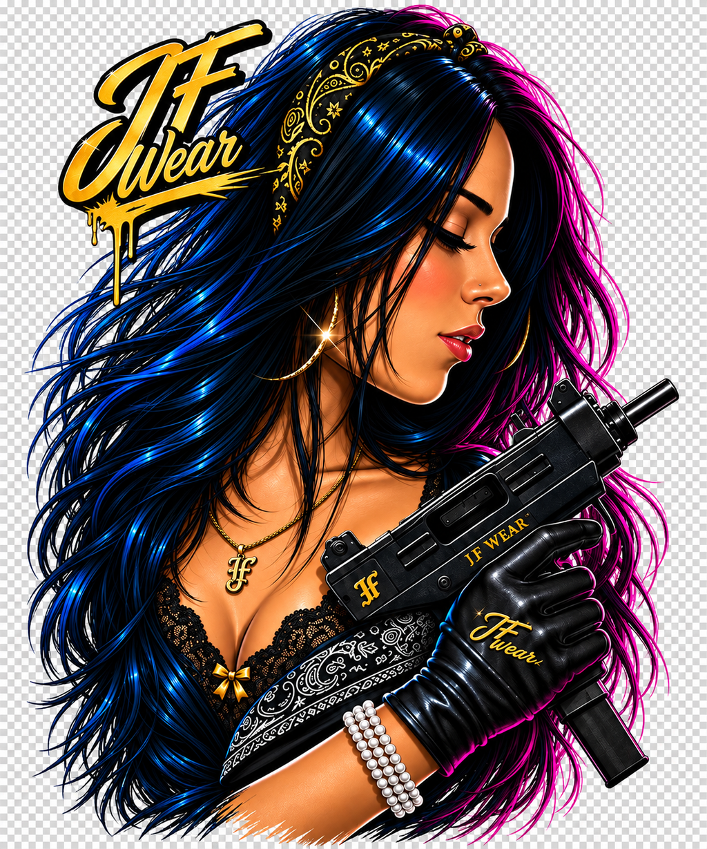 Stylized digital illustration of a woman with long blue and magenta hair, wearing a gold headpiece and jewelry, holding a black submachine gun with 'TF Wear' branding. A large 'TF Wear' logo appears in the upper left.
