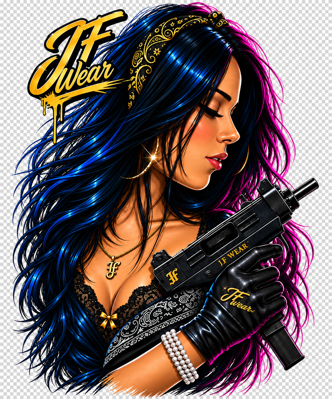 Stylized digital illustration of a woman with long blue and magenta hair, wearing a gold headpiece and jewelry, holding a black submachine gun with 'TF Wear' branding. A large 'TF Wear' logo appears in the upper left.