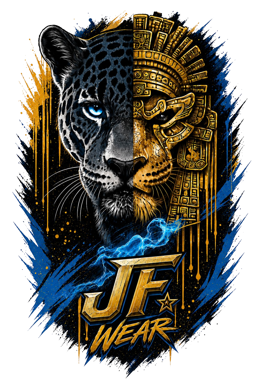 A stylized graphic design featuring a split leopard and Aztec-inspired headdress in black, gold, and blue, with the text 'JF WEAR' at the bottom on a transparent  background.