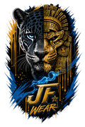 A stylized graphic design featuring a split leopard and Aztec-inspired headdress in black, gold, and blue, with the text 'JF WEAR' at the bottom on a transparent  background.