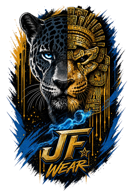 A stylized graphic design featuring a split leopard and Aztec-inspired headdress in black, gold, and blue, with the text 'JF WEAR' at the bottom on a transparent  background.