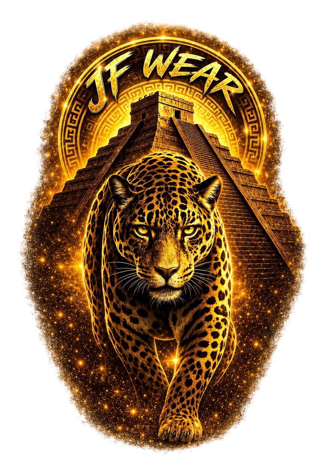 A stylized graphic featuring a golden jaguar in front of a stepped pyramid, with the text 'JF WEAR' at the top, all set within a glowing oval border on a transparent background