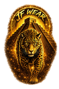 A stylized graphic featuring a golden jaguar in front of a stepped pyramid, with the text 'JF WEAR' at the top, all set within a glowing oval border on a transparent background