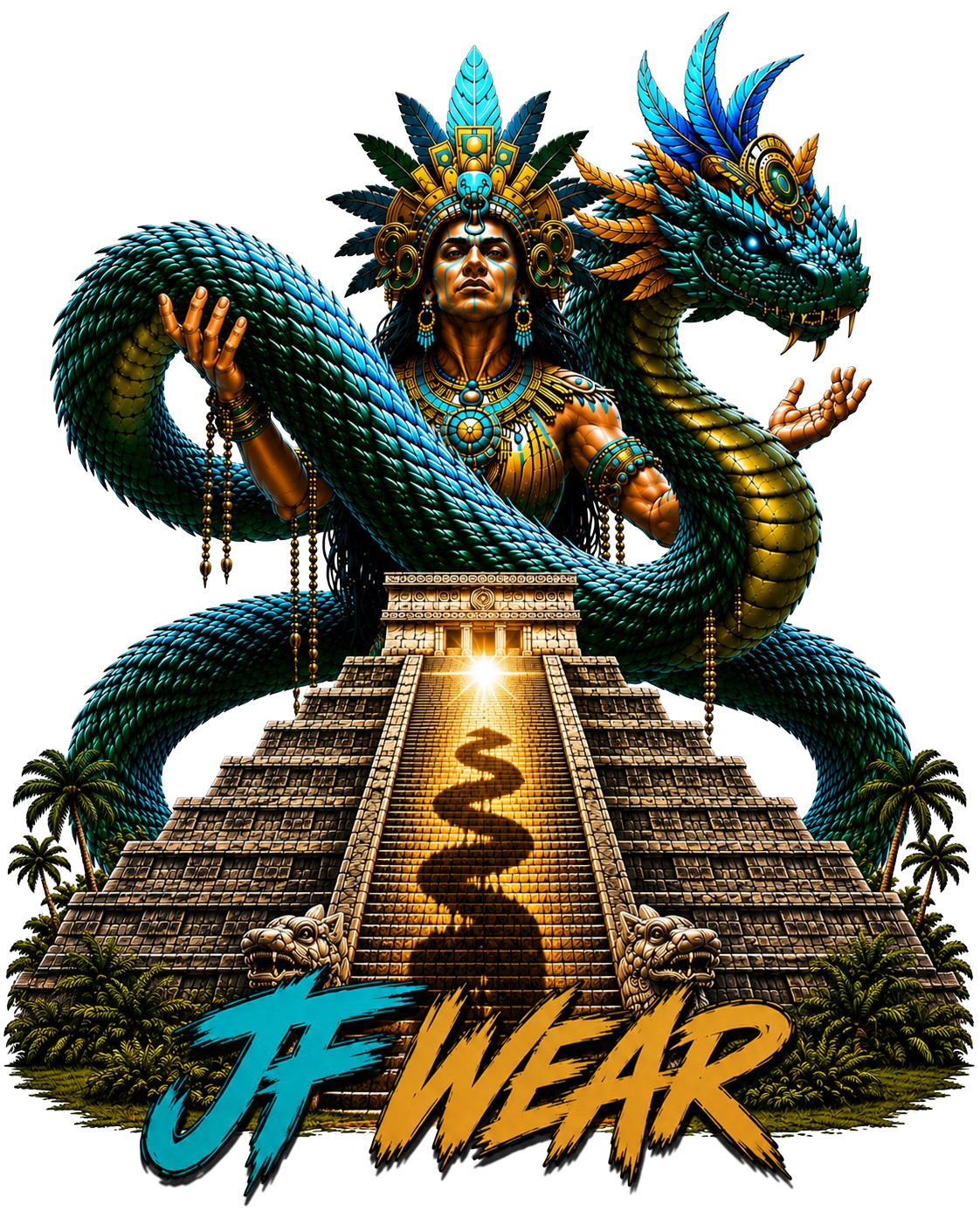 JF WEAR KUKULKAN Equinox design featuring amayan woman kukulkan serpent,chichen itza piramid,and turquoise and gold artwork on a transparent background
