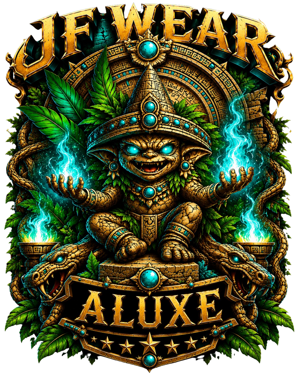 premium mayan alux golden artwork whit blue energy and transparent background for t-shirt printing