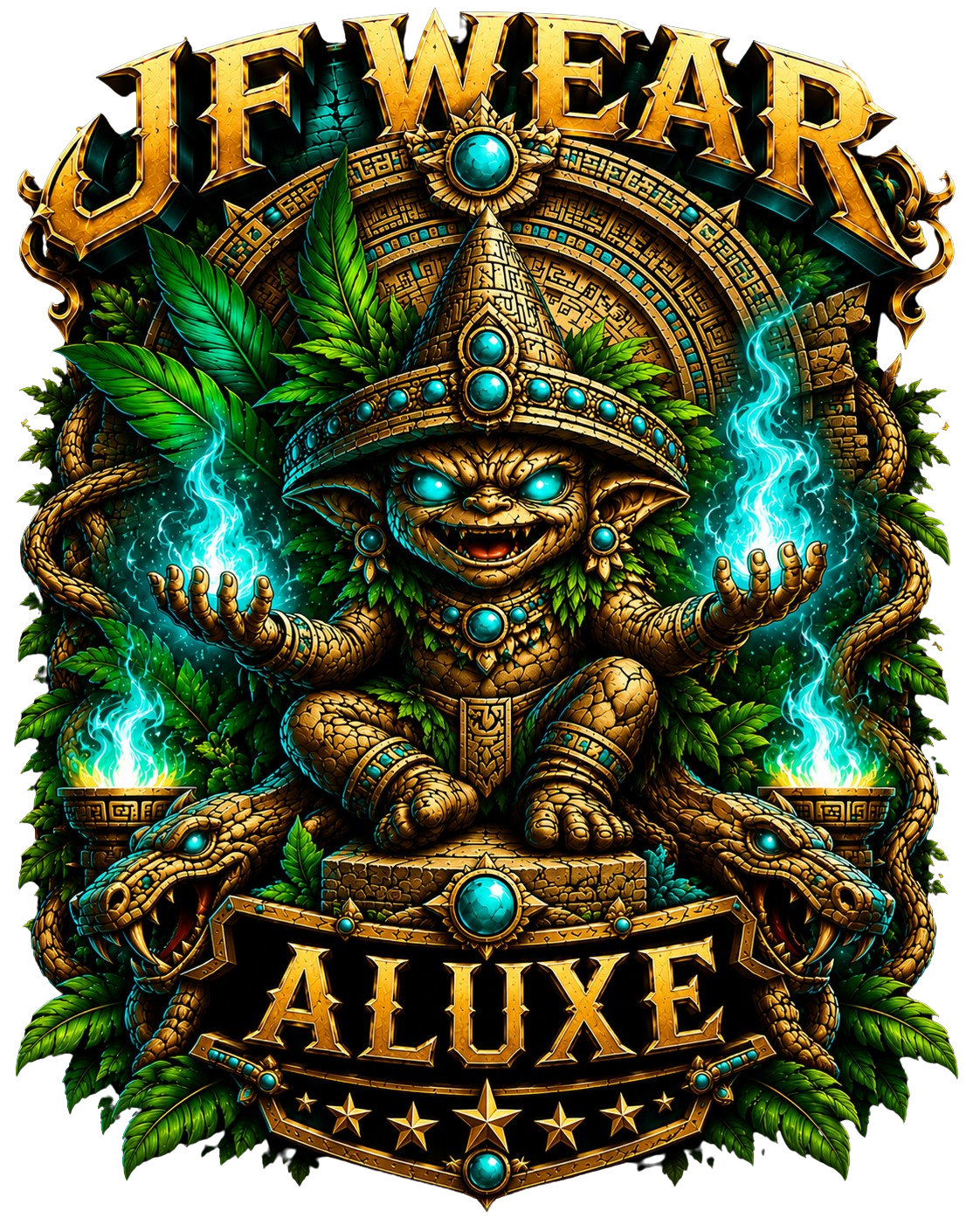 premium mayan alux golden artwork whit blue energy and transparent background for t-shirt printing