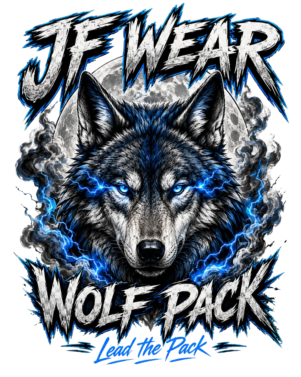 A stylized wolf graphic with the text 'JF WEAR' at the top and 'WOLF PACK' at the bottom, plus 'Lead the Pack' in blue script. The wolf illustration is black, gray, and white with bright blue lightning effects around its eyes and surrounding smoke on a transparent background.