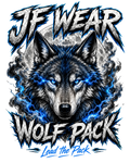 A stylized wolf graphic with the text 'JF WEAR' at the top and 'WOLF PACK' at the bottom, plus 'Lead the Pack' in blue script. The wolf illustration is black, gray, and white with bright blue lightning effects around its eyes and surrounding smoke on a transparent background.