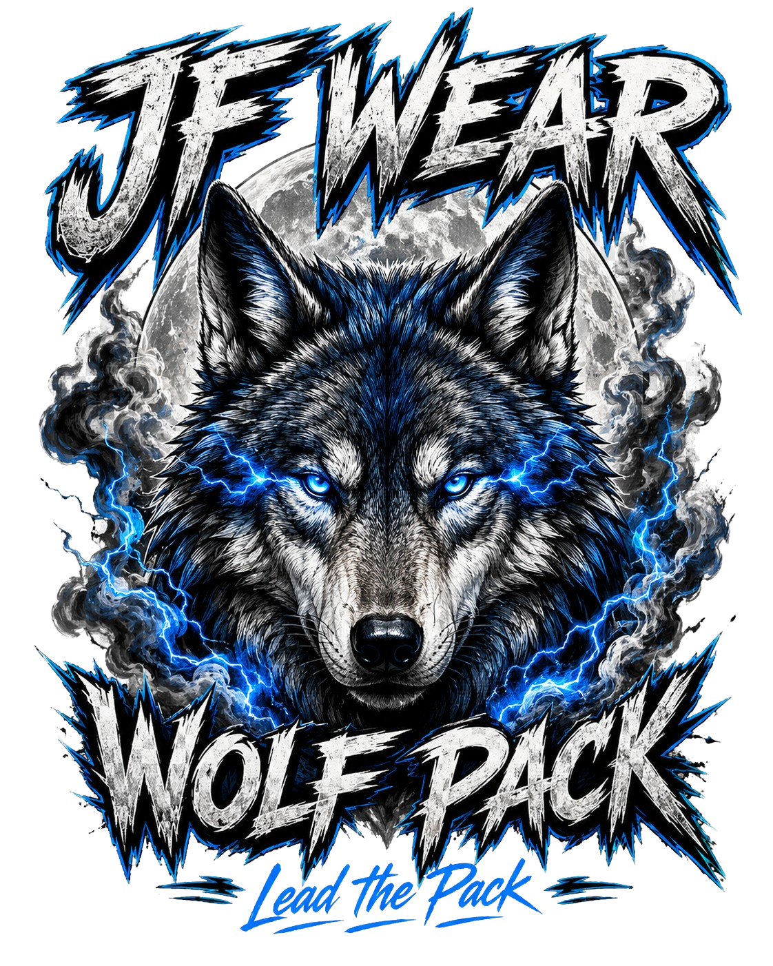 A stylized wolf graphic with the text 'JF WEAR' at the top and 'WOLF PACK' at the bottom, plus 'Lead the Pack' in blue script. The wolf illustration is black, gray, and white with bright blue lightning effects around its eyes and surrounding smoke on a transparent background.