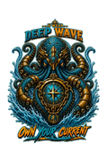 A stylized nautical graphic featuring a blue octopus with gold-toned tentacles surrounding a compass and anchor motif, with the text 'IF WEAR DEEP WAVE' at the top and 'OWN YOUR CURRENT' at the bottom on a black background.
