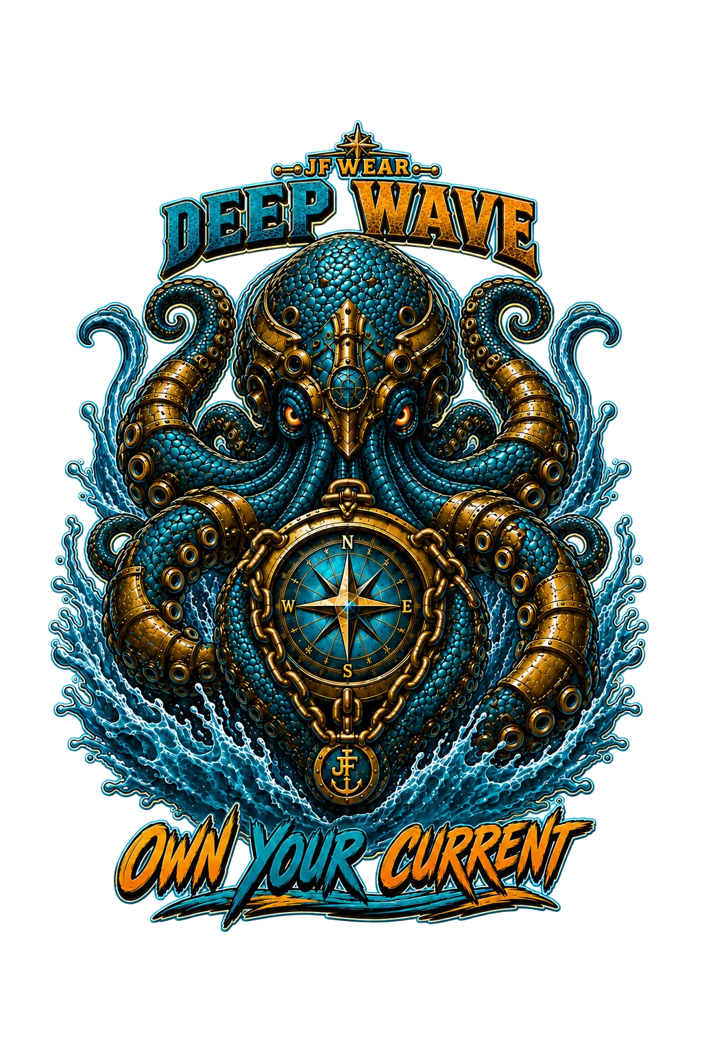 A stylized nautical graphic featuring a blue octopus with gold-toned tentacles surrounding a compass and anchor motif, with the text 'IF WEAR DEEP WAVE' at the top and 'OWN YOUR CURRENT' at the bottom on a black background.