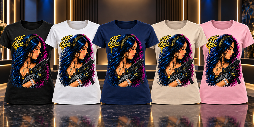 Five women's short-sleeve graphic T-shirts shown side by side in black, white, navy, cream, and pink. Each shirt features a large front graphic of a stylized woman with long blue-purple hair holding a gun, with a yellow script logo above.