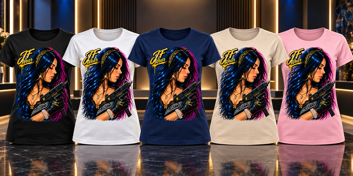 Five women's short-sleeve graphic T-shirts shown side by side in black, white, navy, cream, and pink. Each shirt features a large front graphic of a stylized woman with long blue-purple hair holding a gun, with a yellow script logo above.