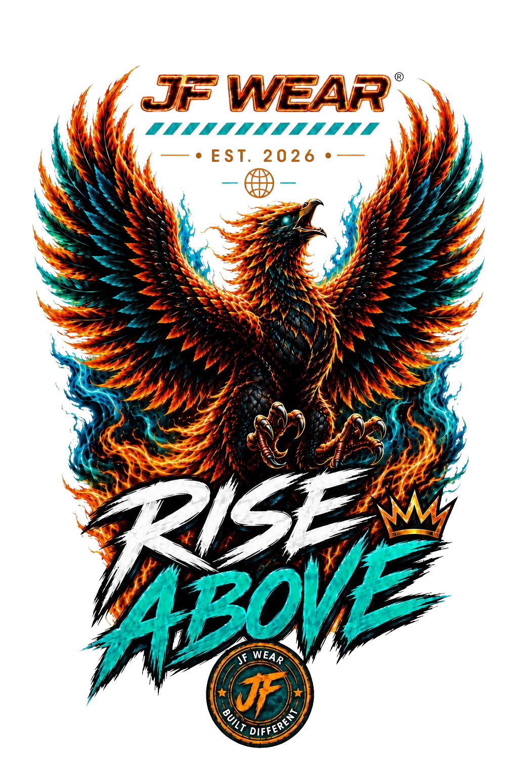A vibrant graphic design featuring a stylized phoenix with fiery orange and teal feathers, set against a white background with the text 'JF WEAR', 'EST. 2026', 'RISE ABOVE', and a circular 'JF WEAR' logo at the bottom.